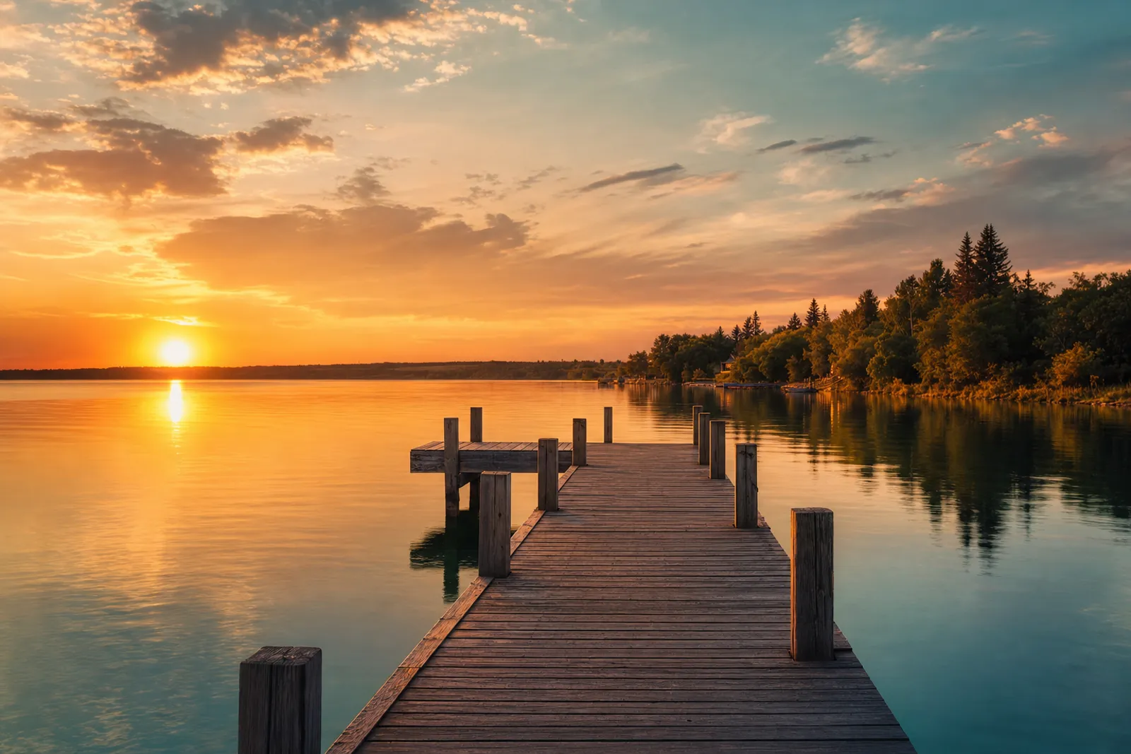 Wooden dock reaching into calm Sylvan Lake at golden sunset, Alberta